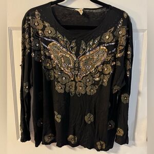 Y2K Embellished Beaded Butterfly Sparkle Black Floral Women's Top One Size VTG